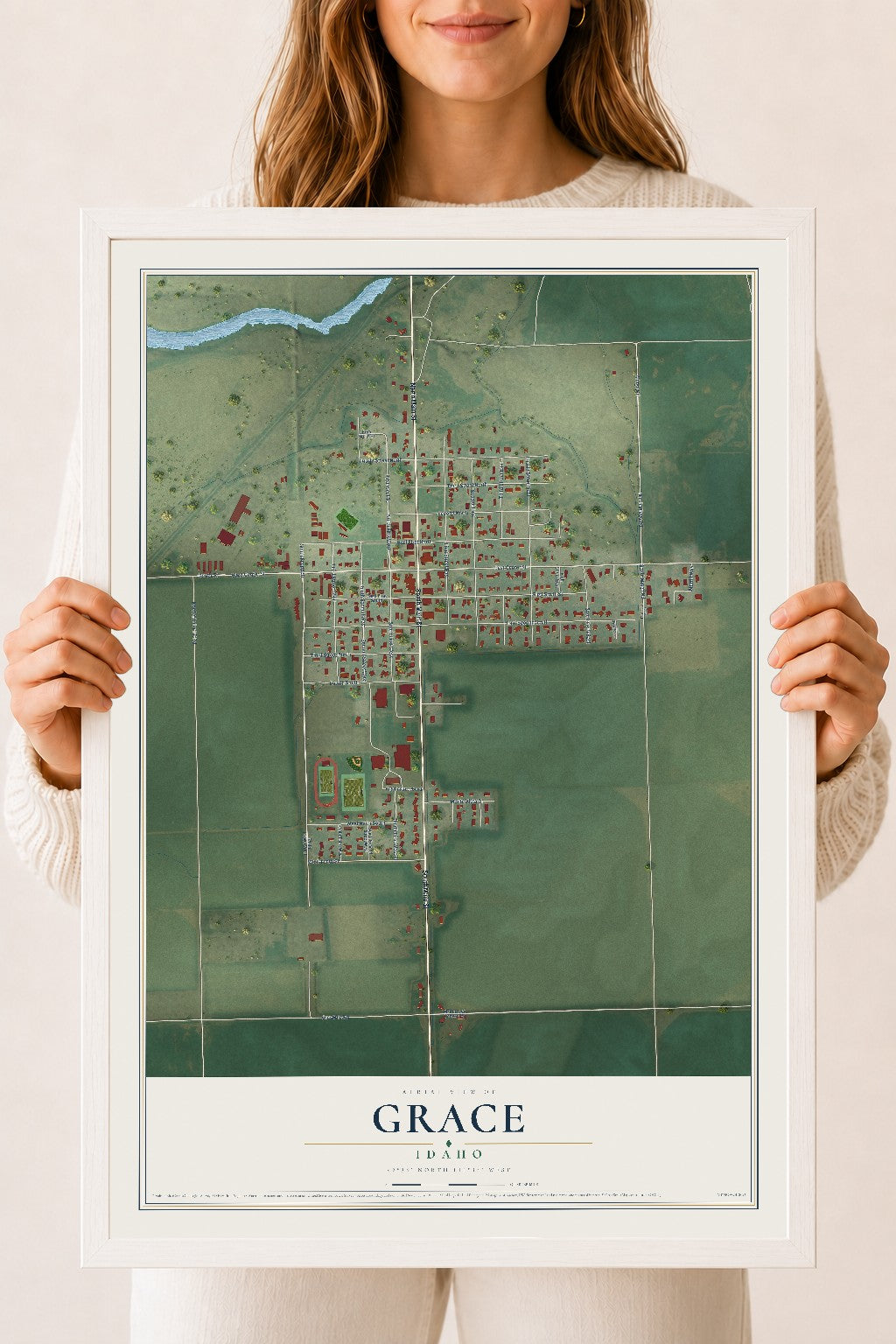 Map of Grace, Idaho, 18 x 24 inch print in a white wood frame