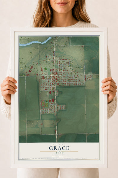 Map of Grace, Idaho, 18 x 24 inch print in a white wood frame