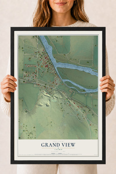 Map of Grand View, Idaho, 18 x 24 inch print in a black wood frame