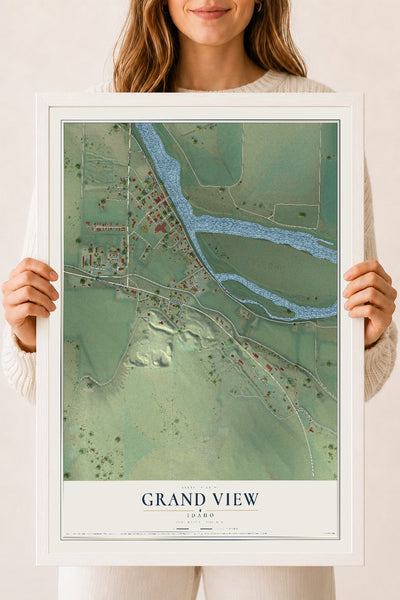 Map of Grand View, Idaho, 18 x 24 inch print in a white wood frame