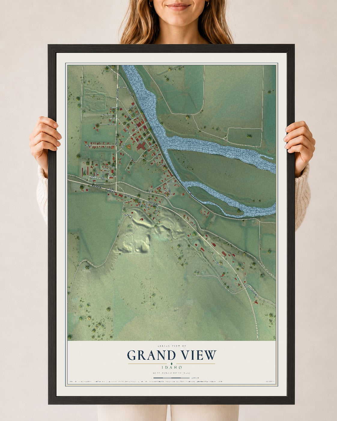 Map of Grand View, Idaho, 24 x 36 inch print in a black wood frame