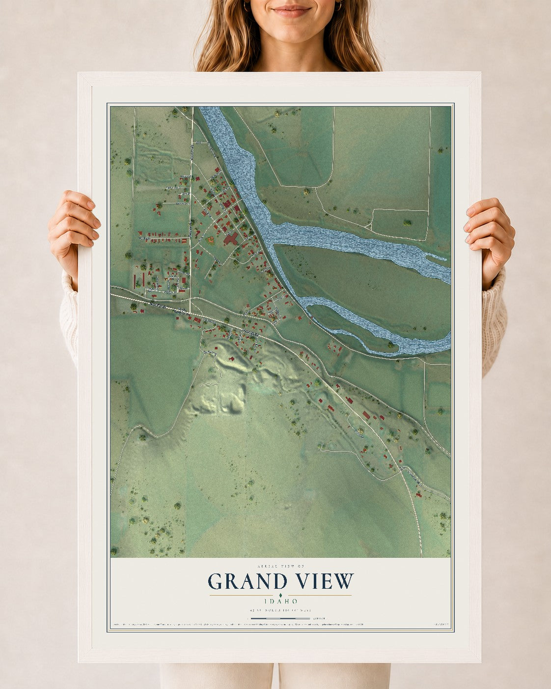 Map of Grand View, Idaho, 24 x 36 inch print in a white wood frame