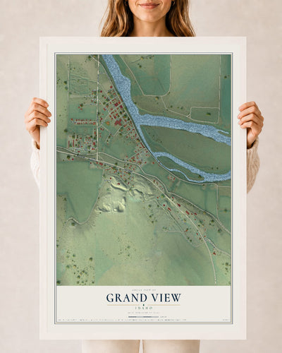 Map of Grand View, Idaho, 24 x 36 inch print in a white wood frame