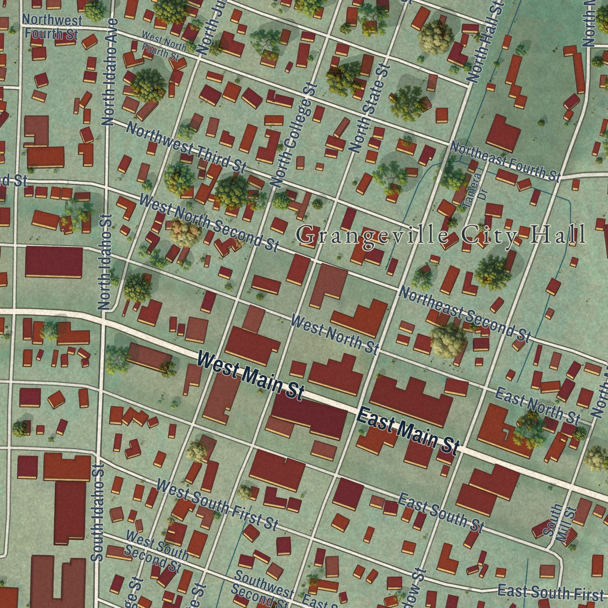 Close-up of the map of Grangeville, Idaho print showing street and building detail