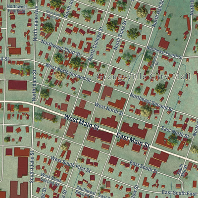 Close-up of the map of Grangeville, Idaho print showing street and building detail