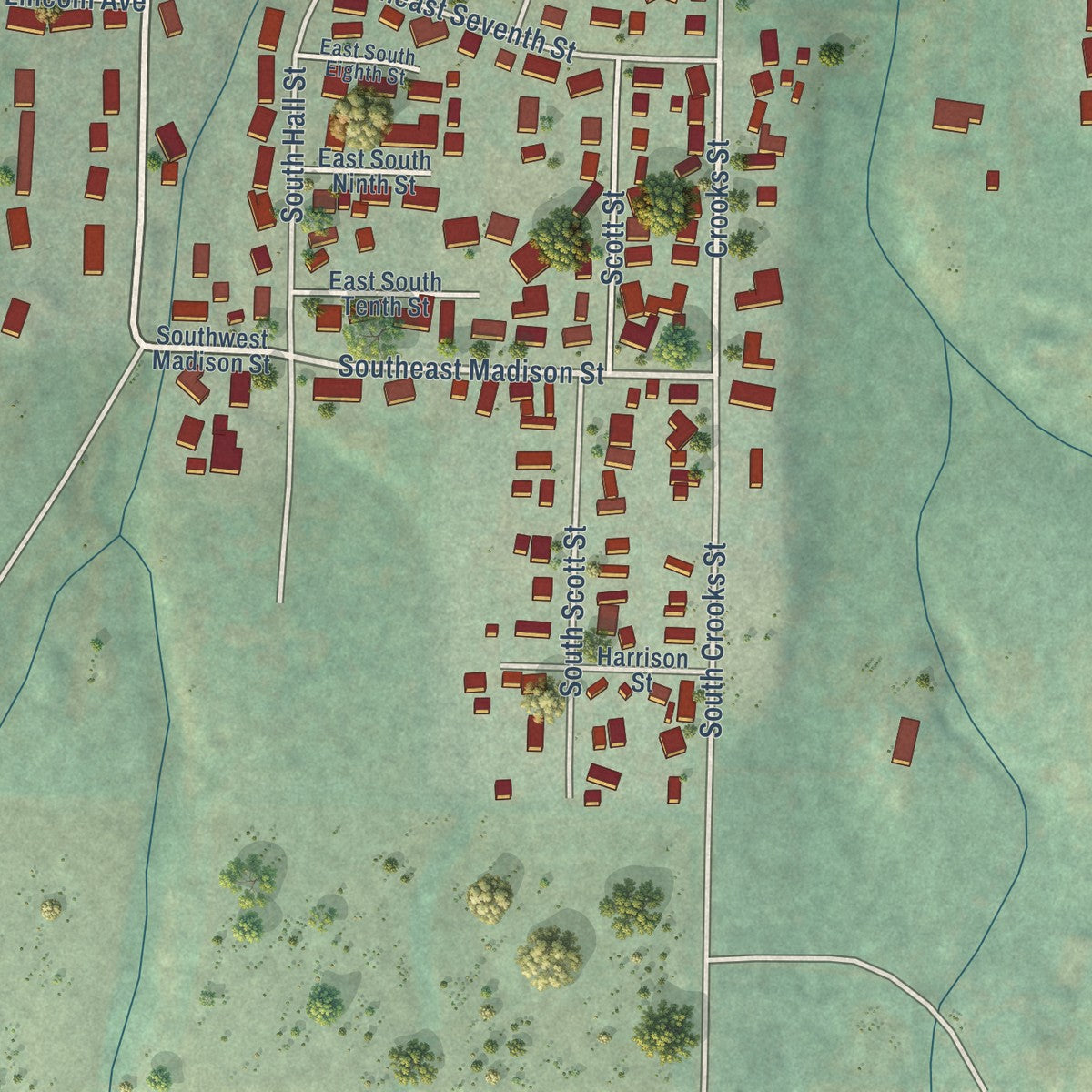 Second close-up of the map of Grangeville, Idaho print showing more streets and buildings