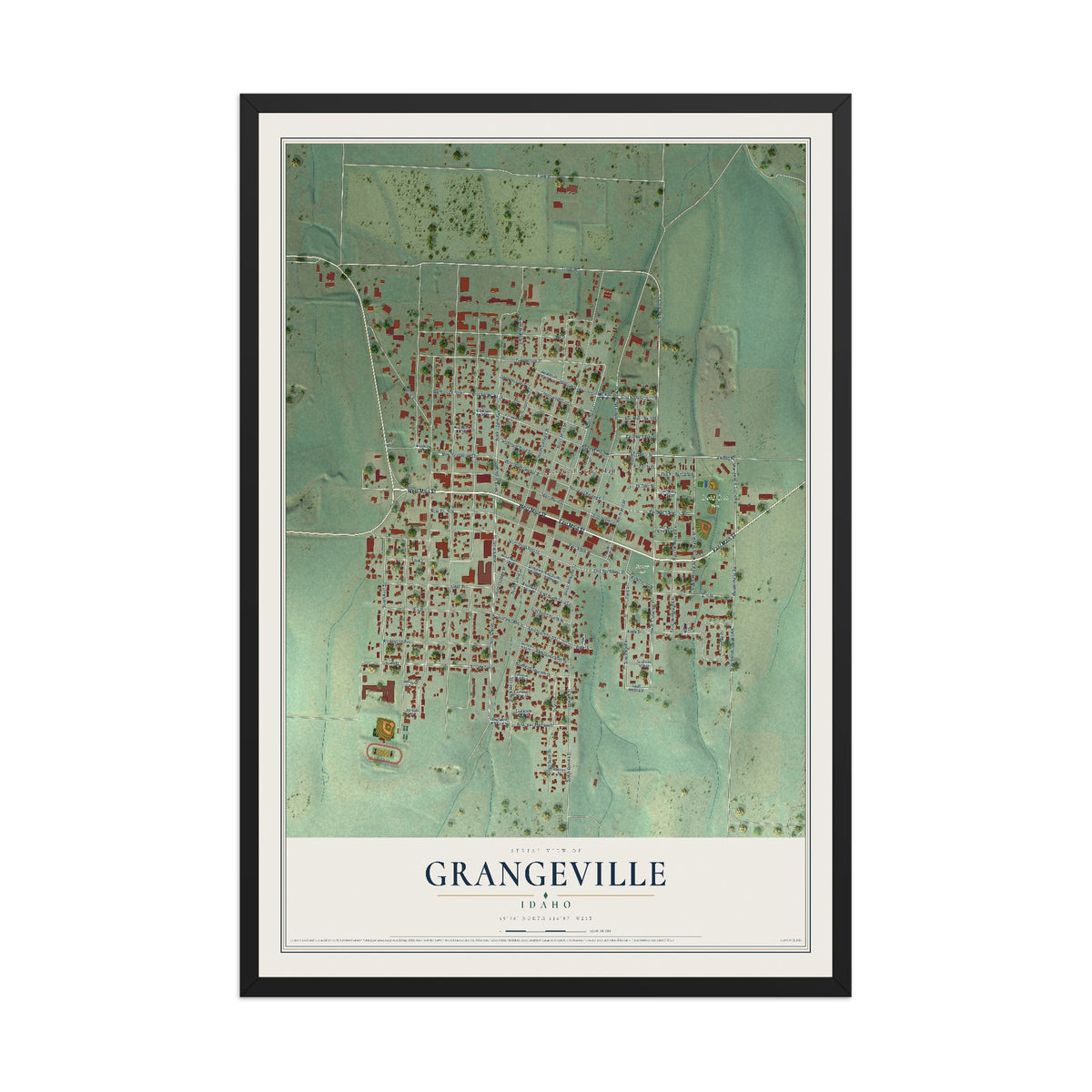 Map of Grangeville, Idaho, 12 x 18 inch print in a black wood frame