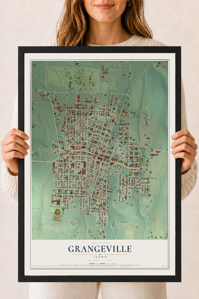 Map of Grangeville, Idaho, 18 x 24 inch print in a black wood frame