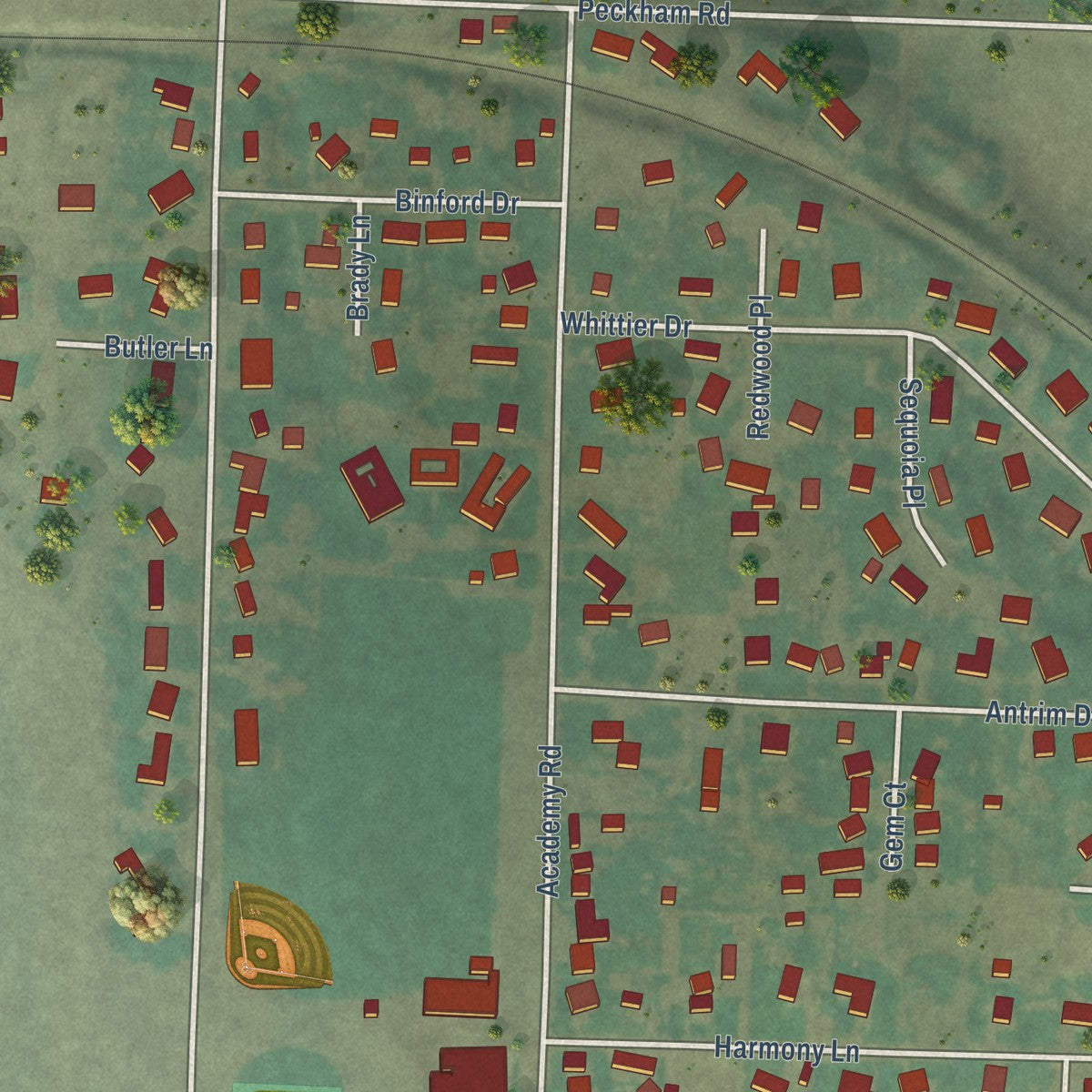 Close-up of the map of Greenleaf, Idaho print showing street and building detail