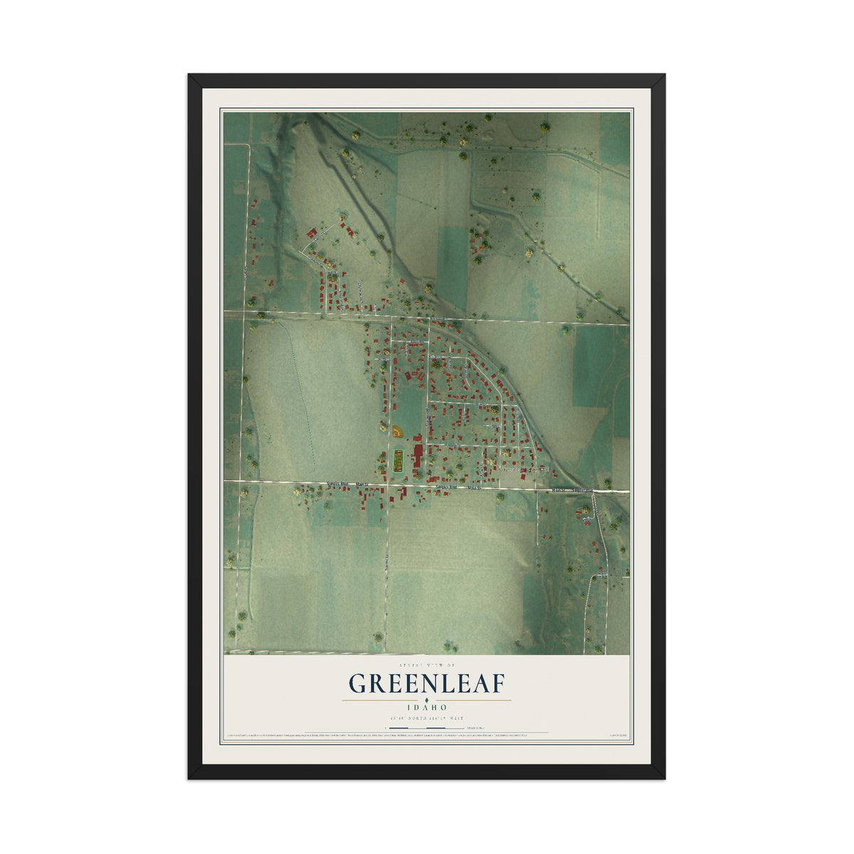 Map of Greenleaf, Idaho, 12 x 18 inch print in a black wood frame