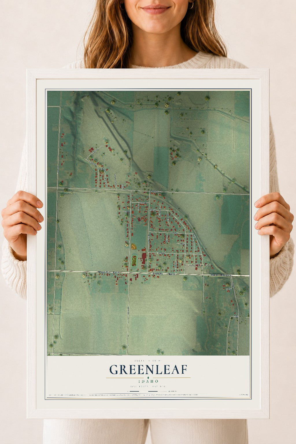 Map of Greenleaf, Idaho, 18 x 24 inch print in a white wood frame
