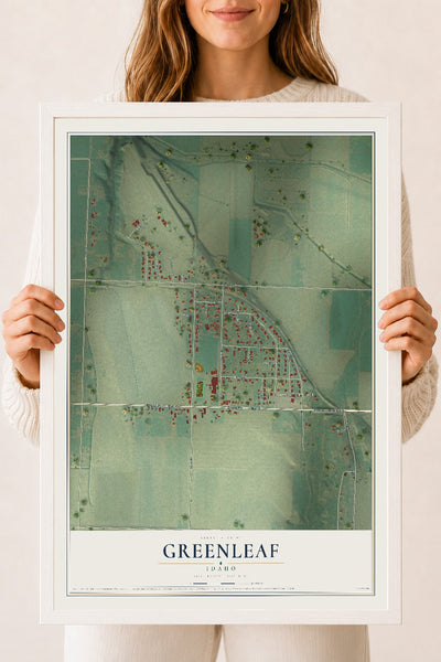 Map of Greenleaf, Idaho, 18 x 24 inch print in a white wood frame