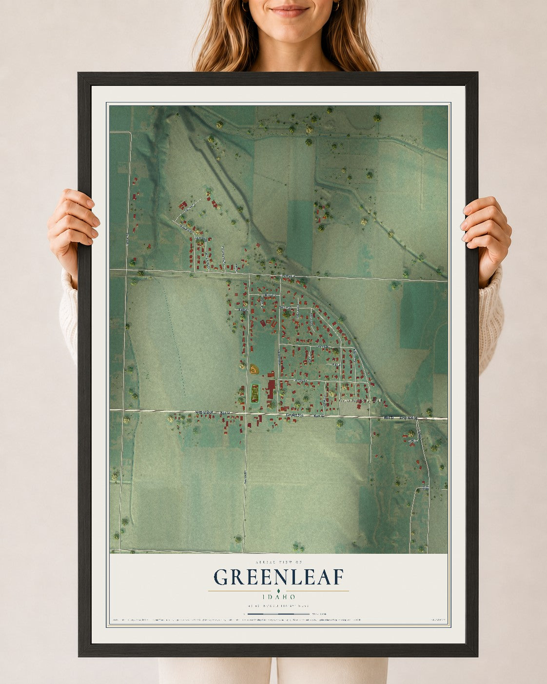 Map of Greenleaf, Idaho, 24 x 36 inch print in a black wood frame