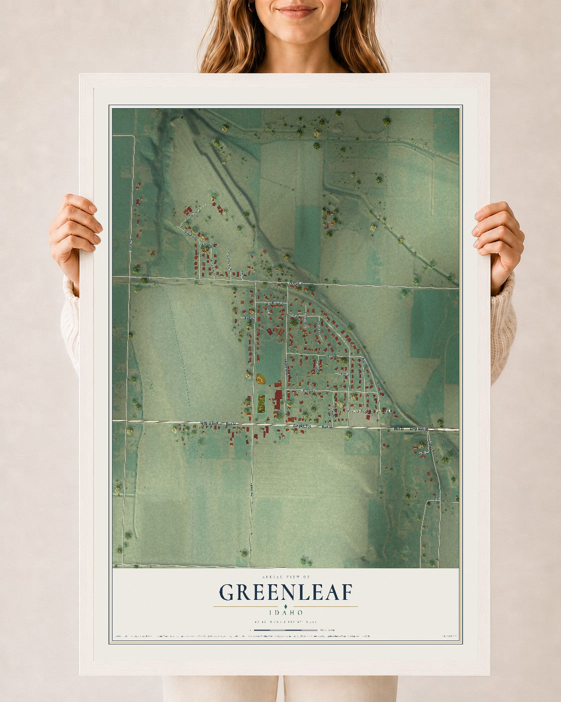 Map of Greenleaf, Idaho, 24 x 36 inch print in a white wood frame