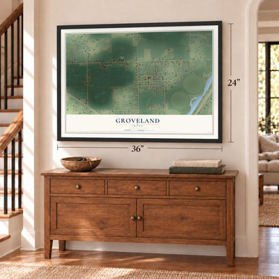 Groveland, Idaho map, 24 x 36 inch print in a black frame above a dresser by a staircase