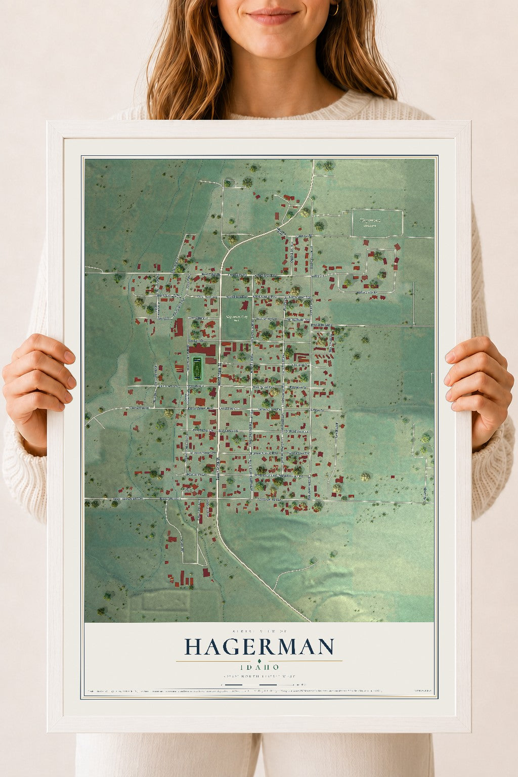 Map of Hagerman, Idaho, 18 x 24 inch print in a white wood frame