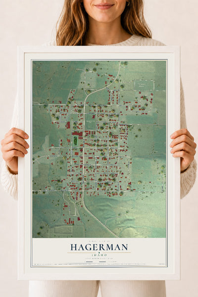Map of Hagerman, Idaho, 18 x 24 inch print in a white wood frame