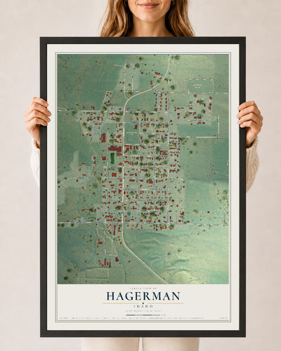 Map of Hagerman, Idaho, 24 x 36 inch print in a black wood frame