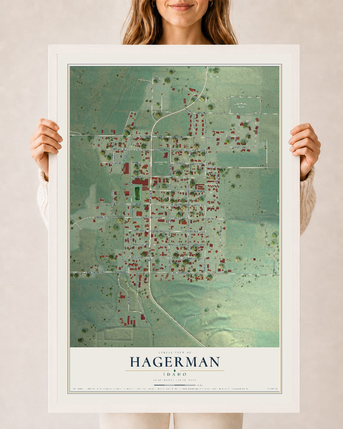 Map of Hagerman, Idaho, 24 x 36 inch print in a white wood frame
