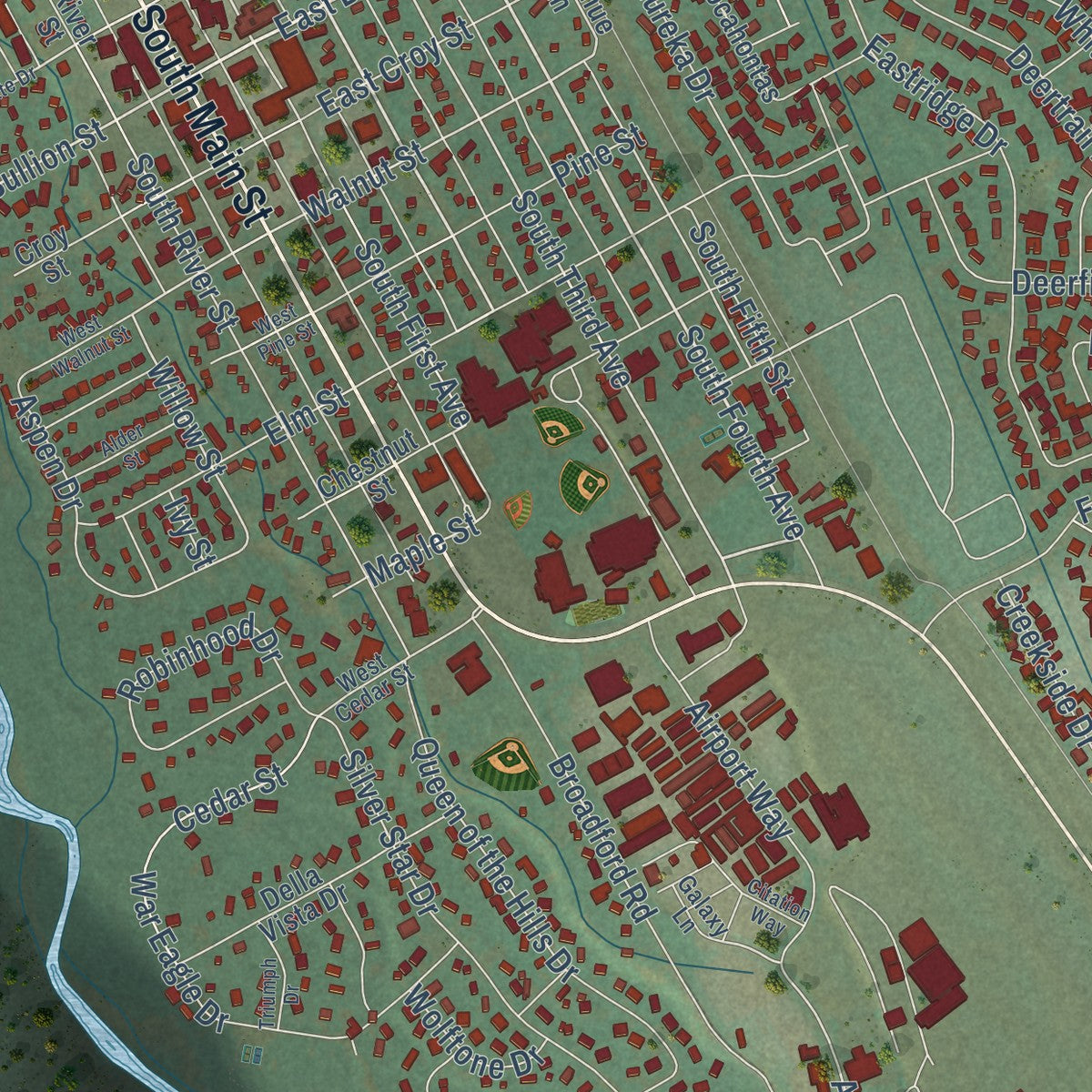 Close-up of the map of Hailey, Idaho print showing street and building detail