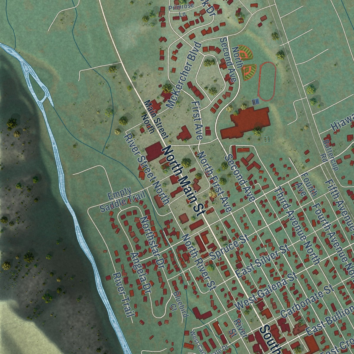 Second close-up of the map of Hailey, Idaho print showing more streets and buildings