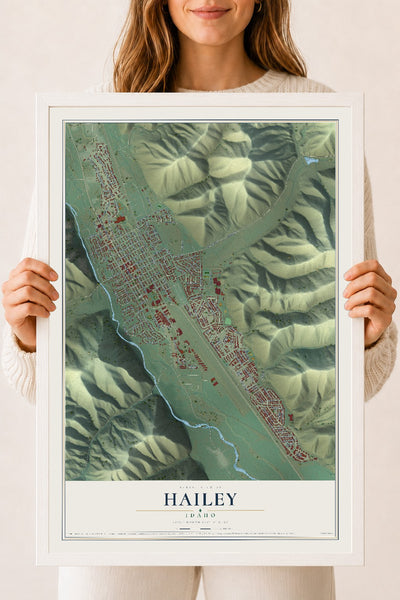 Map of Hailey, Idaho, 18 x 24 inch print in a white wood frame