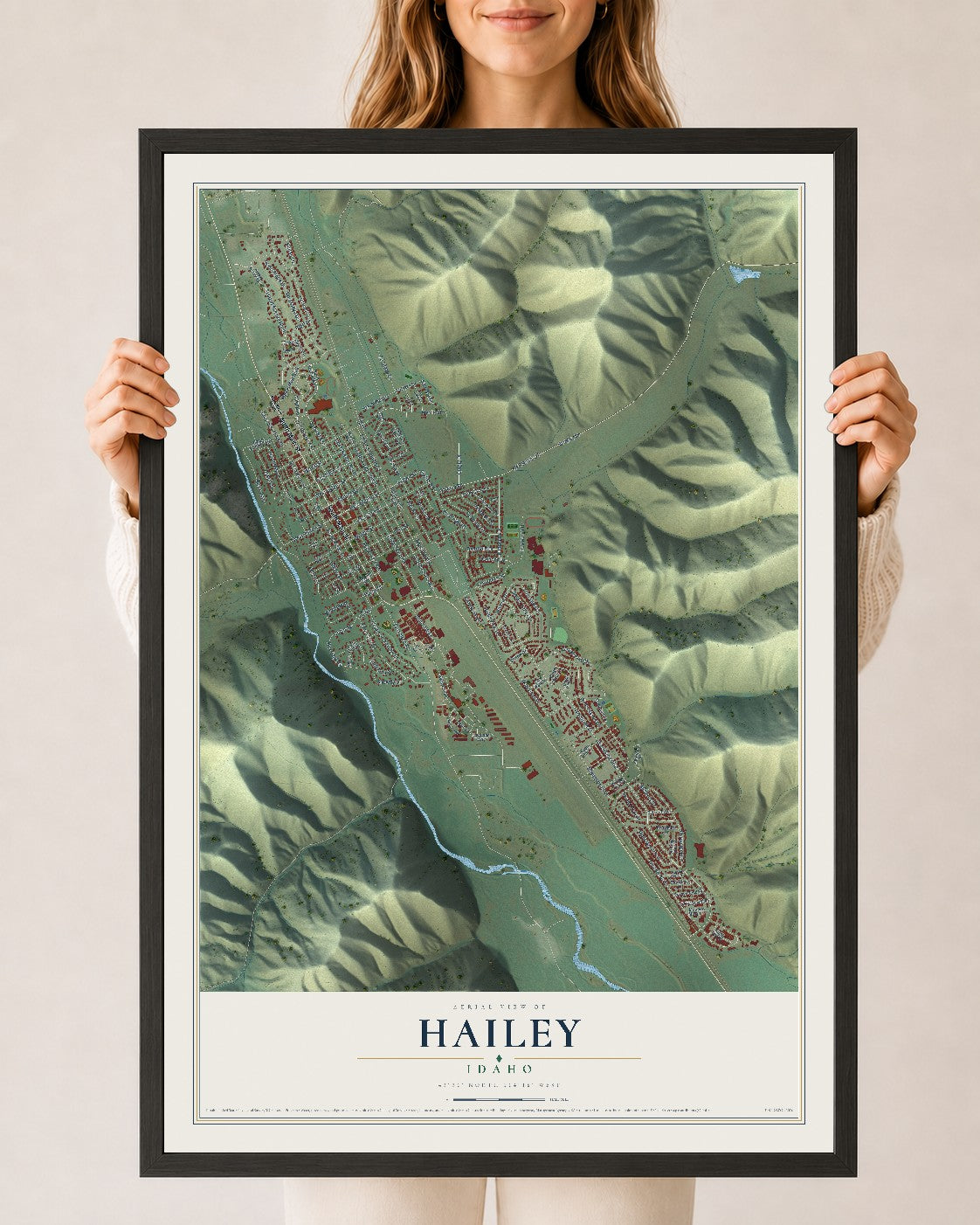 Map of Hailey, Idaho, 24 x 36 inch print in a black wood frame