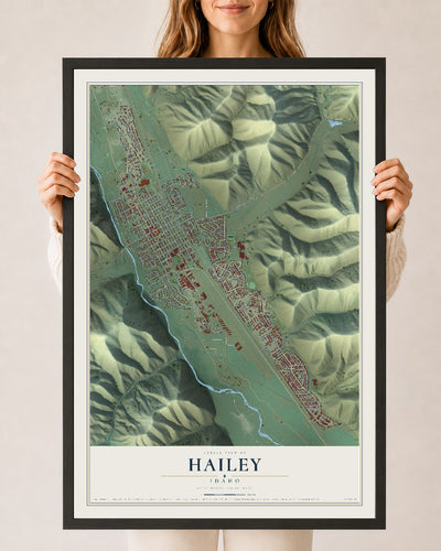Map of Hailey, Idaho, 24 x 36 inch print in a black wood frame