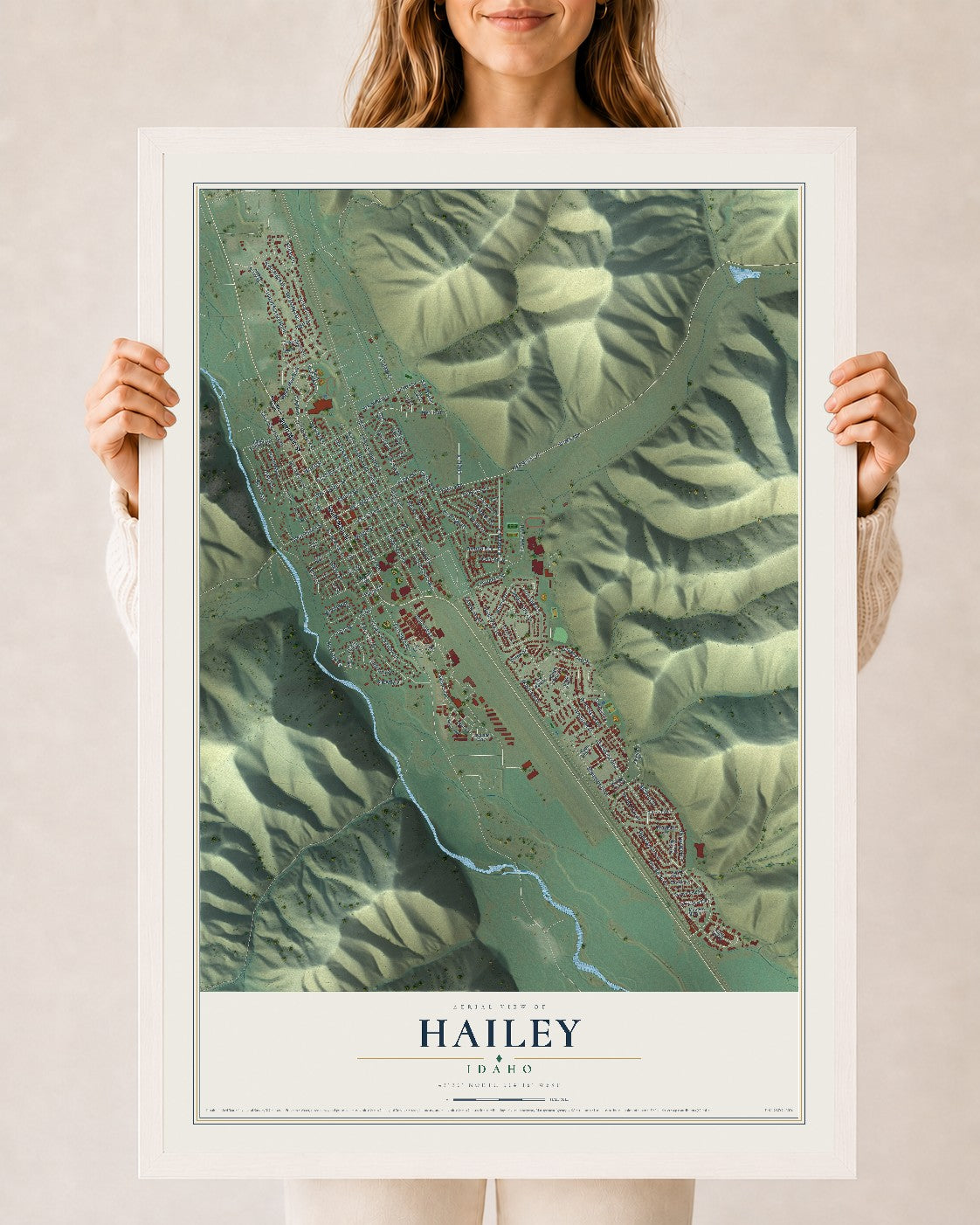 Map of Hailey, Idaho, 24 x 36 inch print in a white wood frame