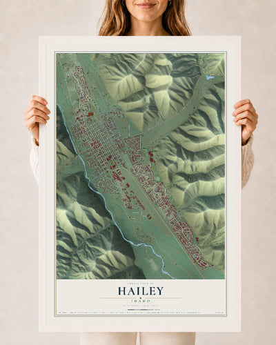 Map of Hailey, Idaho, 24 x 36 inch print in a white wood frame