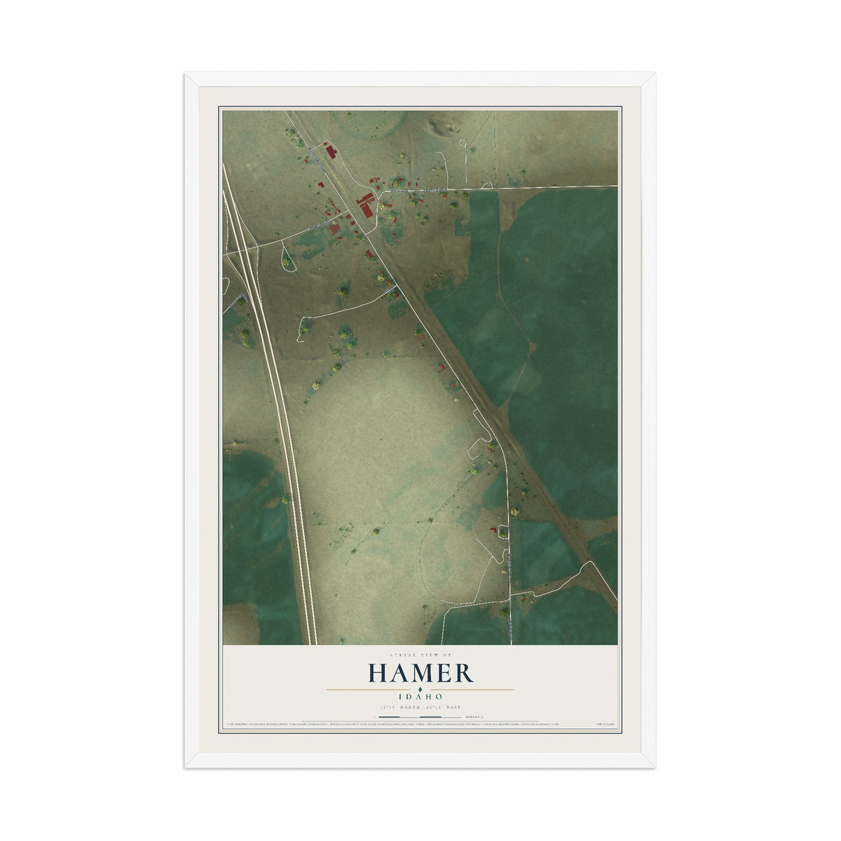 Map of Hamer, Idaho, 12 x 18 inch print in a white wood frame
