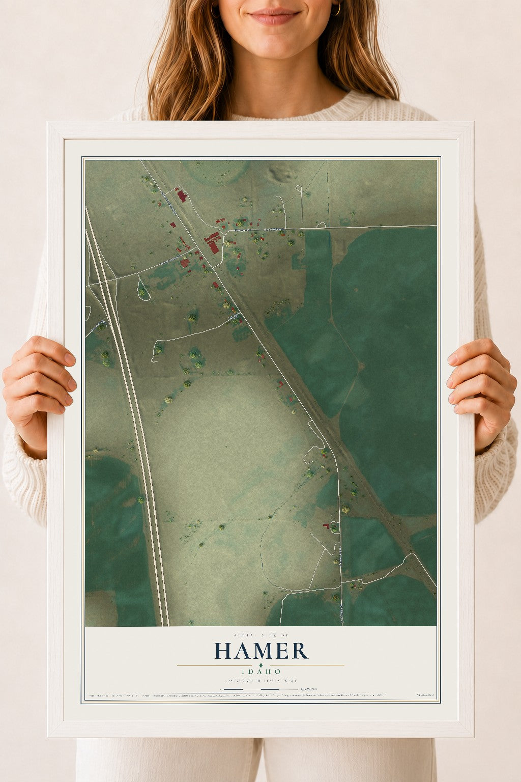 Map of Hamer, Idaho, 18 x 24 inch print in a white wood frame