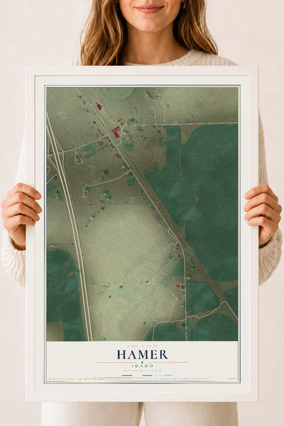 Map of Hamer, Idaho, 18 x 24 inch print in a white wood frame