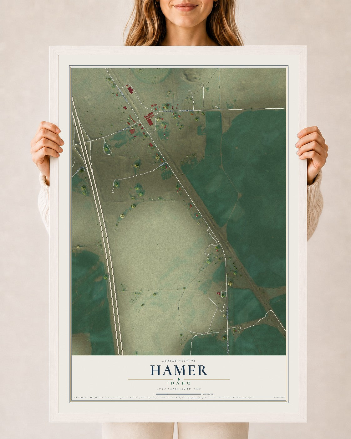 Map of Hamer, Idaho, 24 x 36 inch print in a white wood frame