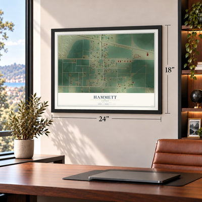 Hammett, Idaho map, 18 x 24 inch print in a black frame in a home office