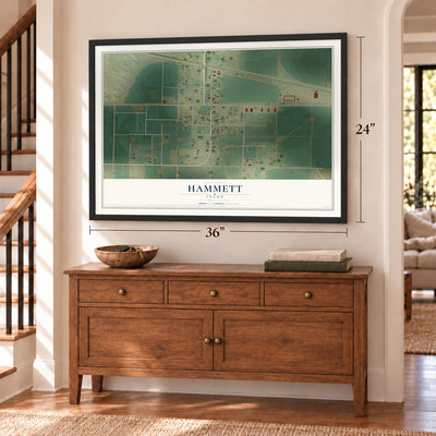 Hammett, Idaho map, 24 x 36 inch print in a black frame above a dresser by a staircase