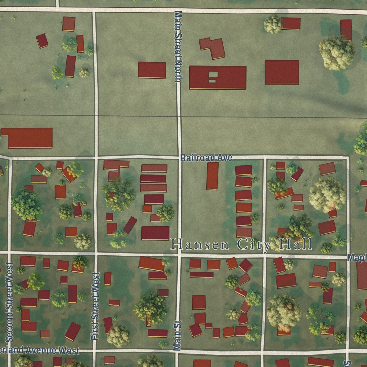 Close-up of the map of Hansen, Idaho print showing street and building detail