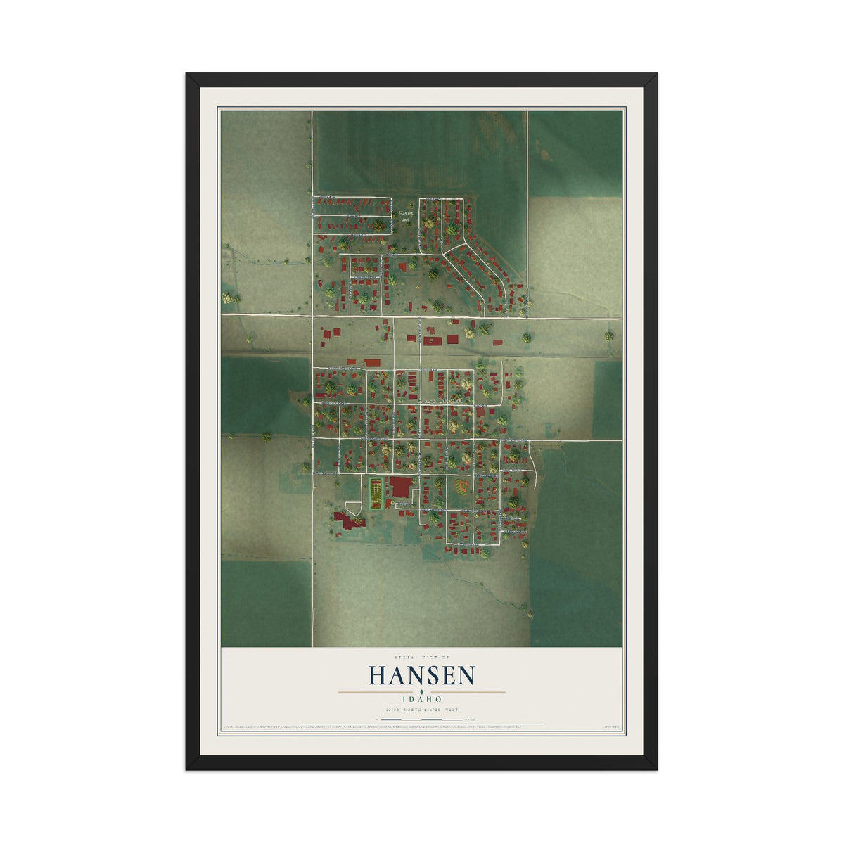 Map of Hansen, Idaho, 12 x 18 inch print in a black wood frame