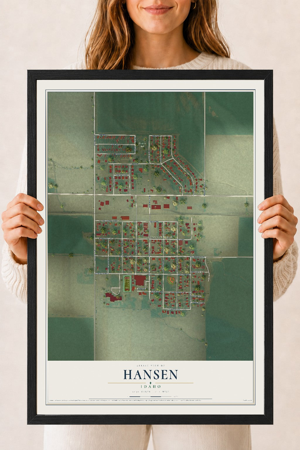 Map of Hansen, Idaho, 18 x 24 inch print in a black wood frame