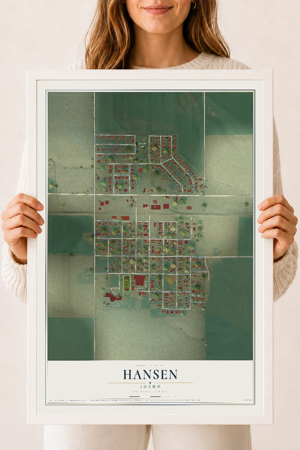 Map of Hansen, Idaho, 18 x 24 inch print in a white wood frame