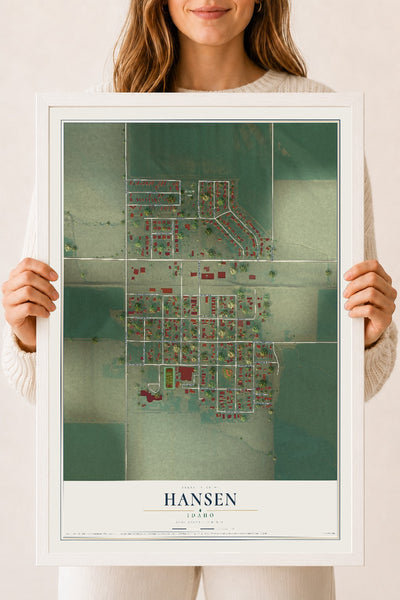 Map of Hansen, Idaho, 18 x 24 inch print in a white wood frame