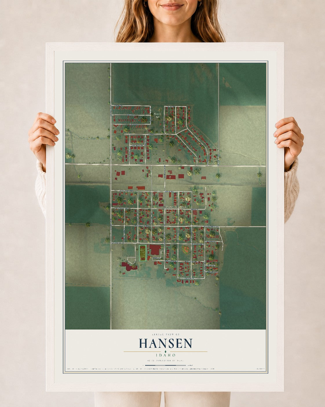Map of Hansen, Idaho, 24 x 36 inch print in a white wood frame