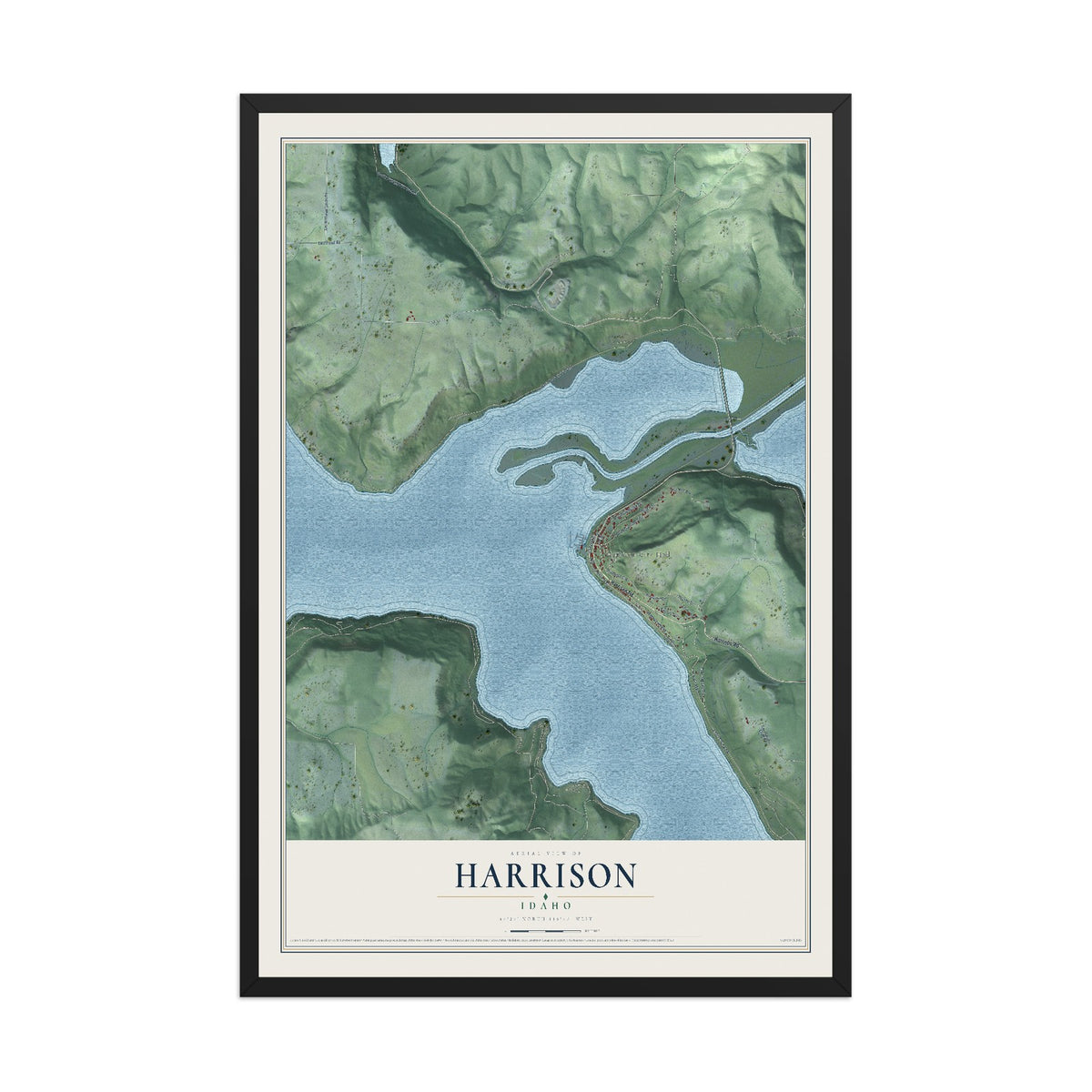 Map of Harrison, Idaho, 12 x 18 inch print in a black wood frame