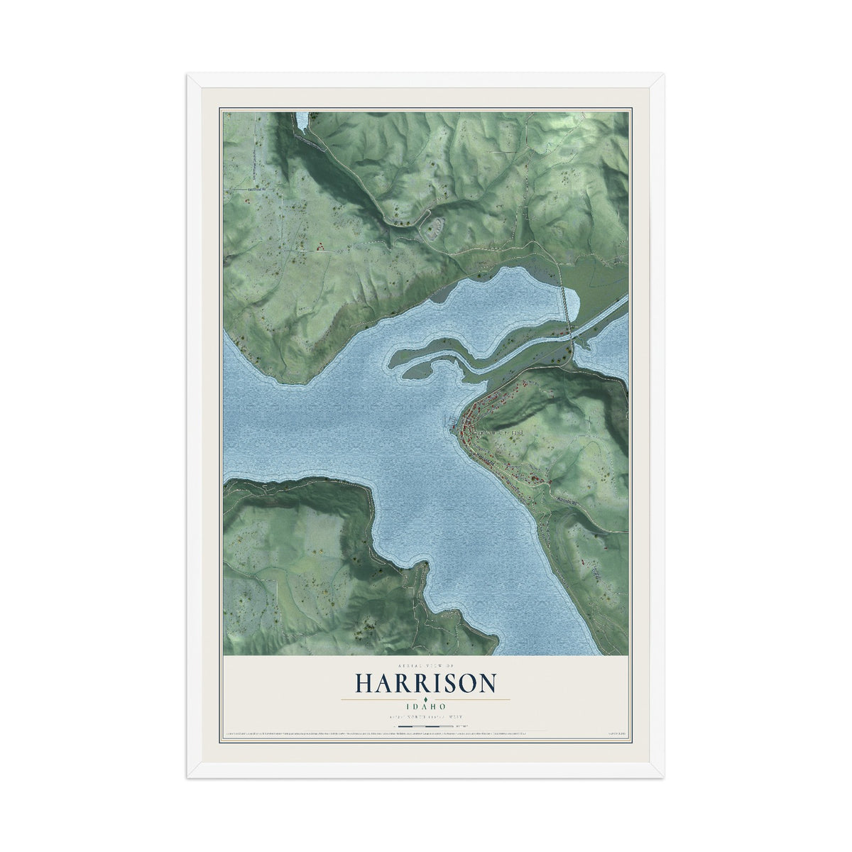 Map of Harrison, Idaho, 12 x 18 inch print in a white wood frame