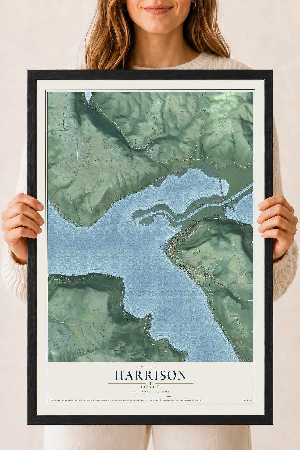 Map of Harrison, Idaho, 18 x 24 inch print in a black wood frame