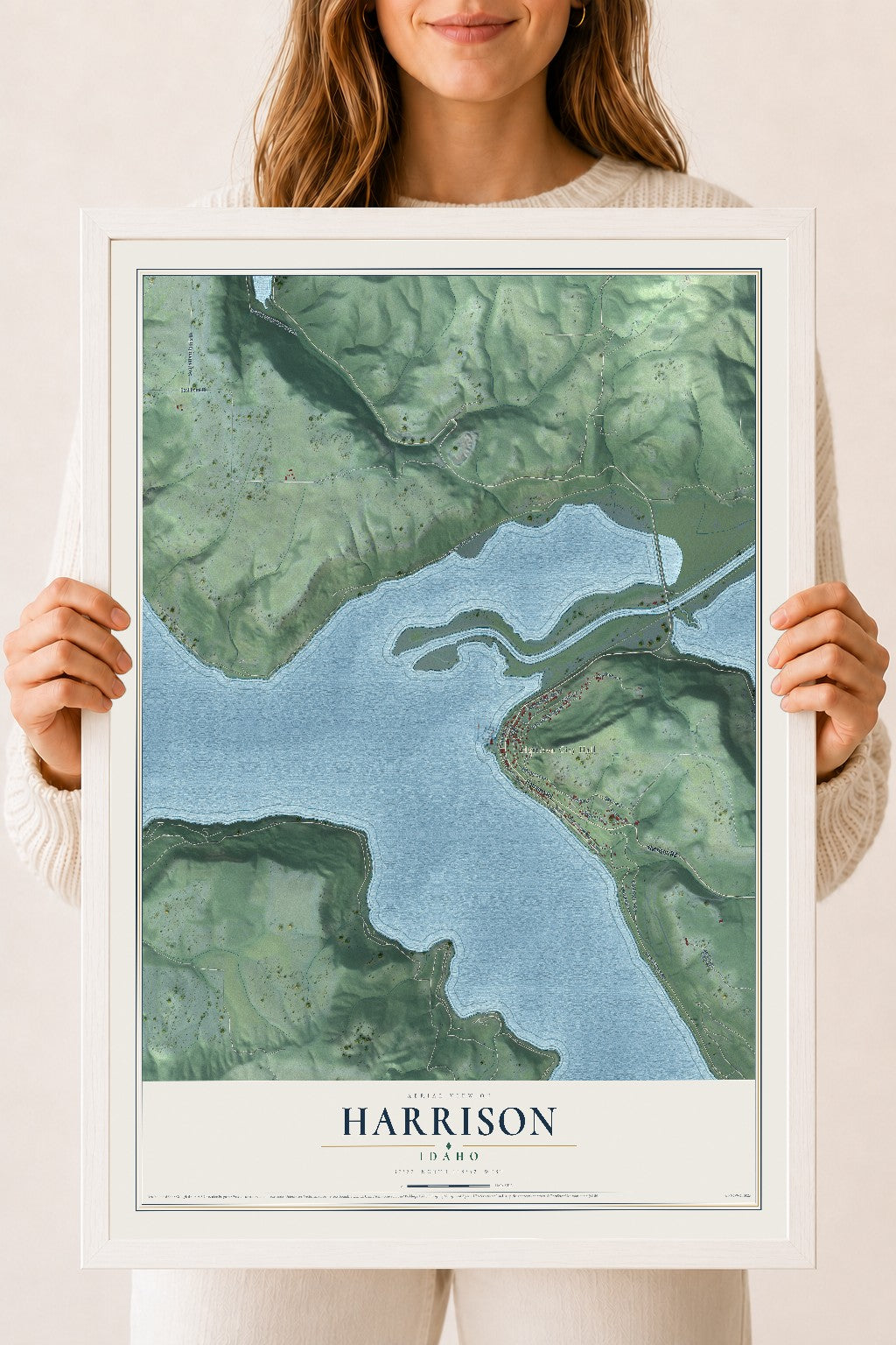 Map of Harrison, Idaho, 18 x 24 inch print in a white wood frame