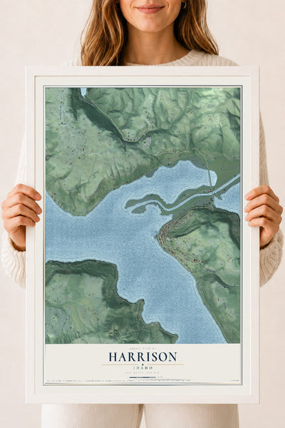 Map of Harrison, Idaho, 18 x 24 inch print in a white wood frame