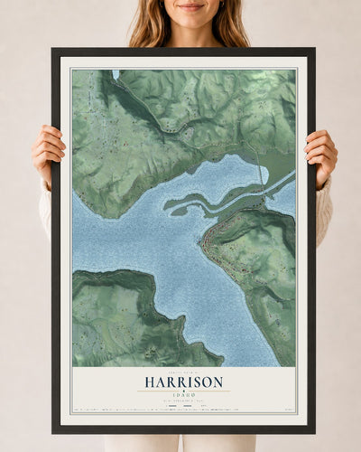 Map of Harrison, Idaho, 24 x 36 inch print in a black wood frame