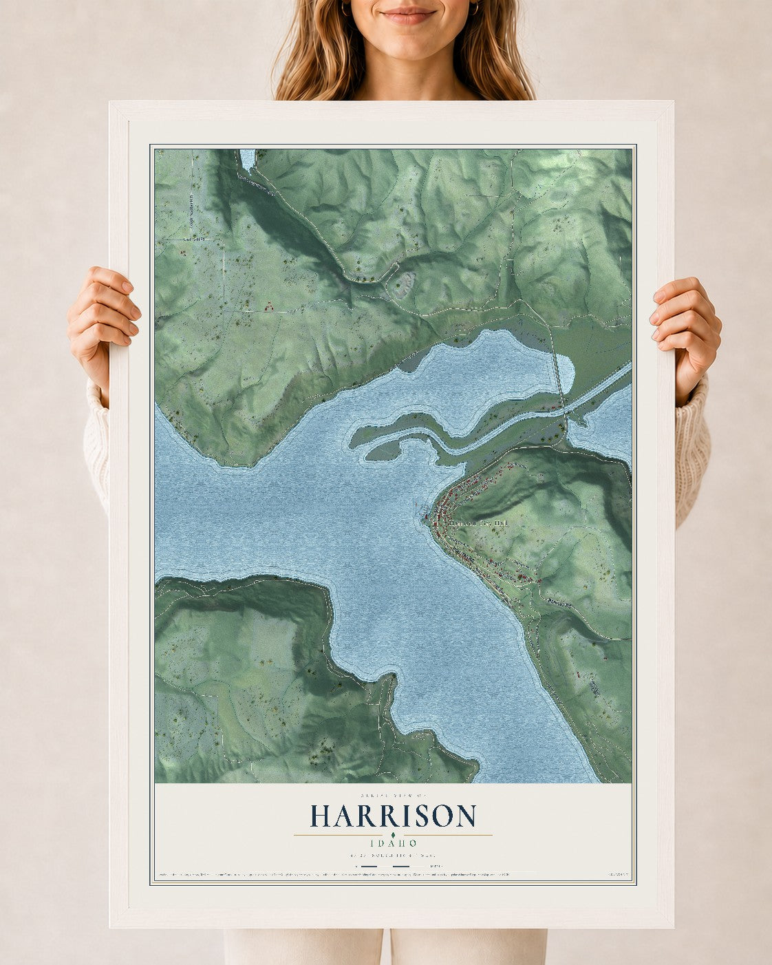 Map of Harrison, Idaho, 24 x 36 inch print in a white wood frame