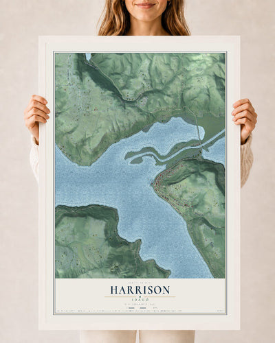 Map of Harrison, Idaho, 24 x 36 inch print in a white wood frame